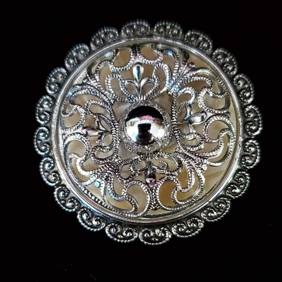 Vintage Filigree Scarf Clip Silver Tone Mother of Pearl(?) West Germany - Picture 1 of 5